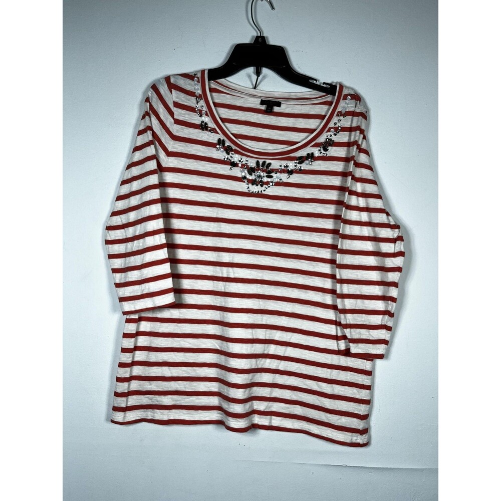 Talbots Shirt Womens Plus 1X Red Stripe Scoop Neck Rhinestone 3/4 Sleeve Tunic
